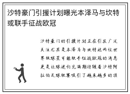沙特豪门引援计划曝光本泽马与坎特或联手征战欧冠
