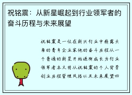 祝铭震：从新星崛起到行业领军者的奋斗历程与未来展望