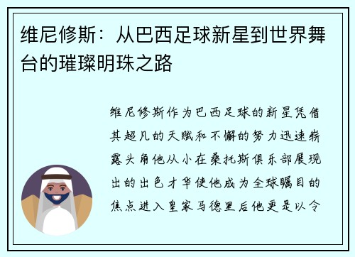 维尼修斯：从巴西足球新星到世界舞台的璀璨明珠之路